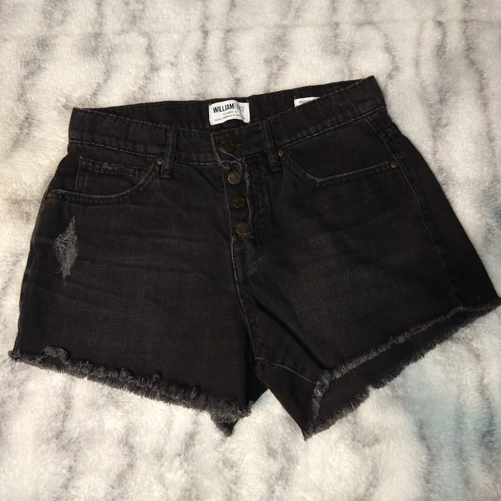 William Rast Black High Rise Distressed Button Fly Shorts - Picture 3 of 8